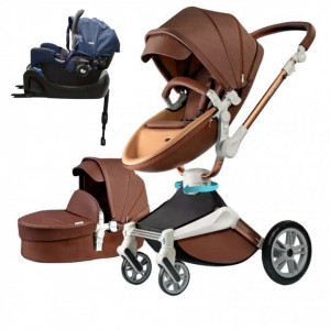 Set 4 in 1 - Carucior Hot Mom 360 Coffe 2 in 1 + Scoica auto Joie Gemm Navy Blazer, 0-13kg + Baza isofix i-Base