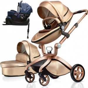 Set 4 in 1 - Carucior Hot Mom Premium Champagne 2 in 1 + Scoica auto Joie Gemm Navy Blazer, 0-13kg + Baza isofix i-Base