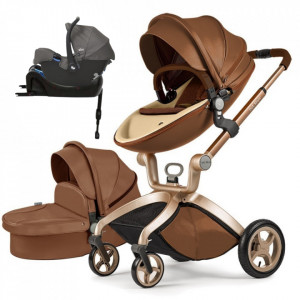 Set 4 in 1 - Carucior Hot Mom Premium Coffe 2 in 1 + Scoica auto Joie Gemm Foggy Grey, 0-13kg + Baza isofix i-Base