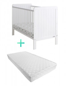 Set Patut Bebe Din Lemn Masiv Woodies Country Alb , 120cm x 60 Saltea copii MyKids Cocos Confort II 120x60x10 c