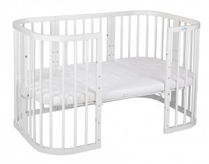 Set Patut Rotund Evolutiv pentru Copii, Multifunctional, 7in1, cu Saltele, Baldachin, Lenjerie si Aparatori Laterale, Transformabil, Masa de Schimbat, Co-Sleeping, Tarc de Joaca, Birou, Scaune, Waldin, Alb, Echipament Roz, 77