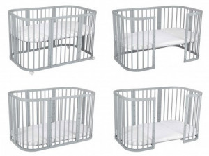 Set Patut Rotund Evolutiv pentru Copii, Multifunctional, 7in1, cu Saltele, Baldachin, Lenjerie si Aparatori Laterale, Transformabil, Masa de Schimbat, Co-Sleeping, Tarc de Joaca, Birou, Scaune, Waldin, Gri, Echipament Bufnite, S17