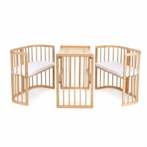 Set Patut Rotund Evolutiv pentru Copii, Multifunctional, 7in1, cu Saltele, Baldachin, Lenjerie si Aparatori Laterale, Transformabil, Masa de Schimbat, Co-Sleeping, Tarc de Joaca, Birou, Scaune, Waldin, Natural, Echipament Forest, 8L