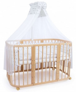 Set Patut Rotund Evolutiv pentru Copii, Multifunctional, 7in1, cu Saltele, Baldachin, Lenjerie si Aparatori Laterale, Transformabil, Masa de Schimbat, Co-Sleeping, Tarc de Joaca, Birou, Scaune, Waldin, Natural, Echipament 8S1