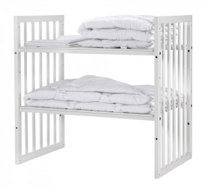 Waldin - Set Patut Rotund Evolutiv 7in1 Alb, Saltele Incluse, Transformabil, Co-Sleeping + Baldachin, Lenjerie si Aparatori albe cu stelute gri