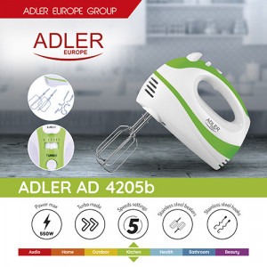 Adler - Mixer de mana, 5 Viteze, Functie Turbo, Alb/Verde, AD 4205