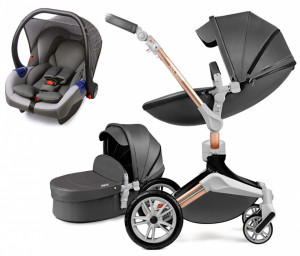 Carucior Copii Hot Mom 360 Dark Grey 3 in 1, varsta intre 0 si 36 de luni, landou spatios, modul sport