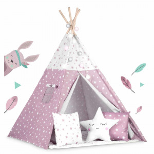 Cort de joaca pentru copii, cu fereastra, 3 perne, lumini, 120 x 120 x 165 cm, Nukido, Roz cu Stelute