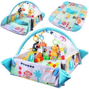 Covoras educational pentru copii, interactiv, multifunctional, 5 in 1, tarc, loc de joaca, cu bile colorate, 106x 97 cm , Jokomisiada, Albastru