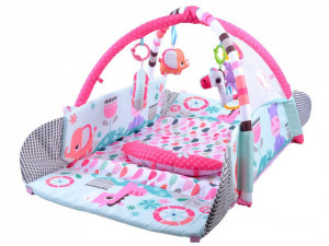 Covoras educational pentru copii, interactiv, multifunctional, 5 in 1, tarc, loc de joaca, cu bile colorate, 106x 97 cm , Jokomisiada, Roz
