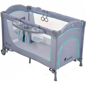 Patut pentru copii, pliabil cu etaj suplimentar, 120 x 60 cm, bara cu jucarii, masa de infasat, plasa de tantari, Severno, Comfort Plus, Grey Mint