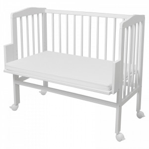 Patut suplimentar 2 in 1 pentru copii, Waldin, 90 cm x 55 cm, lemn de fag, vopsea certificata, roti blocabile, laterala detasabila, co-sleeping, Saltea inclusa, Alb