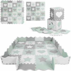 Ricokids - Covoras puzzle din spuma pentru copii, 150x150cm, 16 bucati, gri-menta