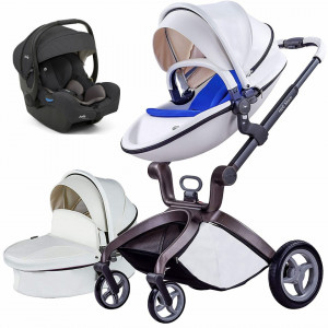 Set 3 in 1 - Carucior Hot Mom Premium Alb 2 in 1 pernita albastra + Scoica auto Joie i-Size i-Gemm 2 Shale