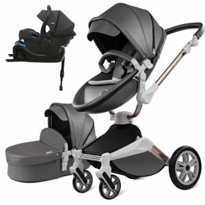 Set 4 in 1 - Carucior Hot Mom 360 Dark-Grey 2 in 1 + Scoica auto Joie i-Size i-Gemm 2 Shale + Baza isofix i-Base