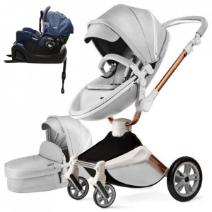 Set 4 in 1 - Carucior Hot Mom 360 Gri 2 in 1 + Scoica auto Joie Gemm Navy Blazer, 0-13kg + Baza isofix i-Base