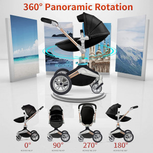 Set 4 in 1 - Carucior Hot Mom 360 Negru 2 in 1 + Scoica auto Joie Gemm Navy Blazer, 0-13kg + Baza isofix i-Base