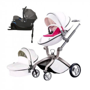 Set 4 in 1 - Carucior Hot Mom Premium Alb 2 in 1, pernita roz + Scoica auto Joie Gemm Foggy Grey, 0-13kg + Baza isofix i-Base