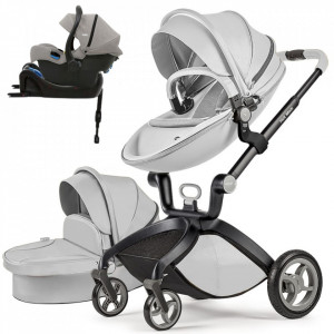 Set 4 in 1 - Carucior Hot Mom Premium Grey 2 in 1 + Scoica auto Joie i-Size i-Gemm 2 Pebble + Baza isofix i-Base