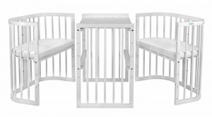 Set Patut Rotund Evolutiv pentru Copii, Multifunctional, 7in1, cu Saltele, Baldachin, Lenjerie si Aparatori Laterale, Transformabil, Masa de Schimbat, Co-Sleeping, Tarc de Joaca, Birou, Scaune, Waldin, Alb, Echipament Roz, 77