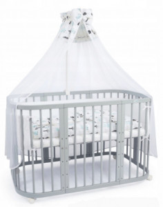 Set Patut Rotund Evolutiv pentru Copii, Multifunctional, 7in1, cu Saltele, Baldachin, Lenjerie si Aparatori Laterale, Transformabil, Masa de Schimbat, Co-Sleeping, Tarc de Joaca, Birou, Scaune, Waldin, Gri, Echipament Bufnite, 8L