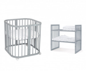 Set Patut Rotund Evolutiv pentru Copii, Multifunctional, 7in1, cu Saltele, Baldachin, Lenjerie si Aparatori Laterale, Transformabil, Masa de Schimbat, Co-Sleeping, Tarc de Joaca, Birou, Scaune, Waldin, Gri, Echipament Bufnite, S17