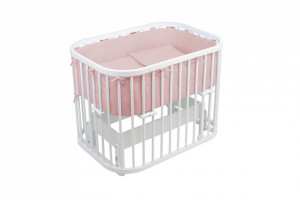 Waldin - Patut pentru copii Rotund 5in1 Alb cu Echipament Roz, cu Sistem de Leganare, Saltele Incluse, Transformabil, Co-Sleeper, Tarc de Joaca, Masa si Scaun pentru Activitati