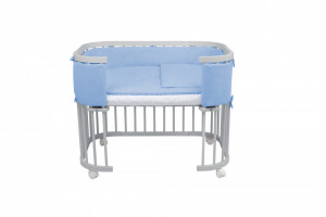 Waldin - Patut pentru copii Rotund 5in1 Gri cu Echipament Albastru, cu Sistem de Leganare, Saltele Incluse, Transformabil, Co-Sleeper, Tarc de Joaca, Masa si Scaun pentru Activitati