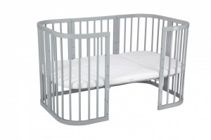 Waldin - Patut Rotund Evolutiv 7in1 Gri, Saltele Incluse, Transformabil, Masa de Schimbat, Co-Sleeping, Tarc de Joaca, Birou, Scaune