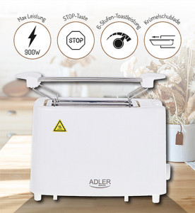 Adler - Prajitor de paine, putere 1000W, 2 felii, 6 trepte de rumenire, AD-3223