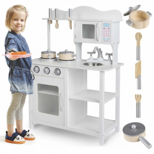 Bucatarie din lemn pentru copii 60 x 30 x 85 cm, aragaz, chiuveta, cuptor cu micround, vase, ustensile, Ricokids, RC-835