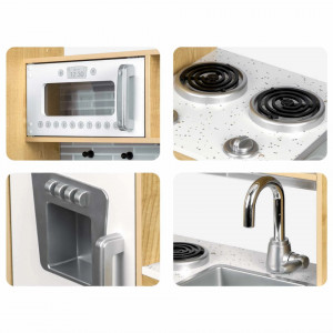 Bucatarie din lemn pentru copii, cu frigider, tabla, telefon, congelator, cuptor, dulap, cuptor cu microunde, aragaz, chiuveta, Ricokids, RC-795