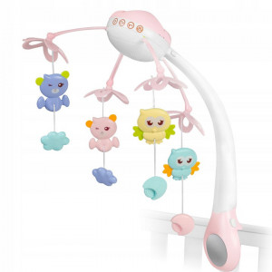 Carusel mobil, Ricokids, cu proiector de lumini si telecomanda, stelute colorate, jucarii, temparizator, RK-813, Roz