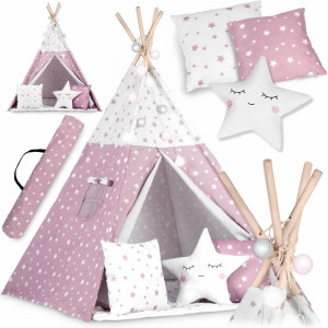Cort de joaca pentru copii, cu fereastra, 3 perne, lumini, 120 x 120 x 165 cm, Nukido, Roz cu Stelute