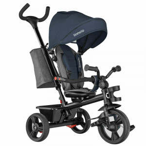 Lionelo - Tricicleta pentru copii Haari Jeans Suport picioare, Control al directiei, Scaun reversibil, Rotire 360 grade, Pliabila, Albastru