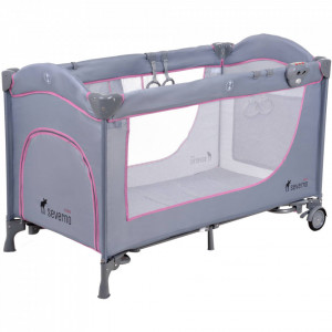Patut pentru copii, pliabil cu etaj suplimentar, 120 x 60 cm, bara cu jucarii, masa de infasat, plasa de tantari, Severno, Comfort Plus, Grey Pink