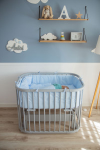 Patut Rotund pentru Copii, Multifunctional, Waldin, 5in1, cu Sistem de Leganare, Saltele Incluse, Co-Sleeper, Tarc de Joaca, Masa si Scaun pentru Activitati, Culoare Gri