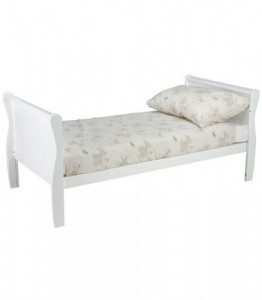 Patut Transformabil din Lemn Masiv de Pin, MDF, 140 x 70 cm, pentru copii si junior, vopsea certificata, 2 trepte de reglare inaltime, protectie theeter, 3 lamele detasabile, Woodies Safe Dreams, Noble, Alb