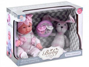 Set 2 jucarii interactive, Bebelus realist, zambitor, 30 cm, cu 2 suzete, Iepuras de plus, moale, 22 cm