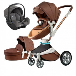 Set 3 in 1 - Carucior Hot Mom 360 Coffe 2 in 1 + Scoica auto Joie Gemm Foggy Gray