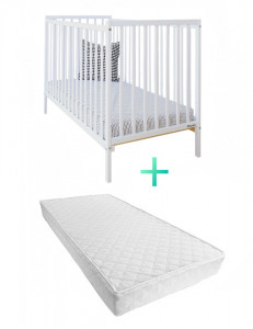 Set Patut Bebe Din Lemn de Pin Masiv, 120 x 60 cm, 2 niveluri inaltime saltea, 3 lamele detasabile, Woodies Safe Dreams, Cot Dream, Alb + Saltea pentru patut copii, Mykids, Cocos, Confort II, 120 x 60 x 10 cm