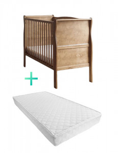 Set Patut Transformabil din Lemn Masiv de Pin, MDF, 140 x 70 cm, pentru copii si junior, 2 trepte de reglare inaltime, 3 lamele detasabile, Woodies Safe Dreams, Noble, Vintage + Saltea pentru patut copii, Mykids, Cocos, Confort II, 140 x 70 x 10 cm