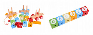 Trenulet din lemn, cu 14 forme greometrice, litere, Multicolor