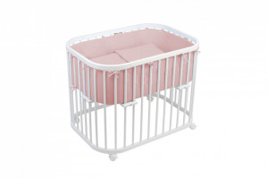 Waldin - Patut pentru copii Rotund 5in1 Alb cu Echipament Roz, cu Sistem de Leganare, Saltele Incluse, Transformabil, Co-Sleeper, Tarc de Joaca, Masa si Scaun pentru Activitati