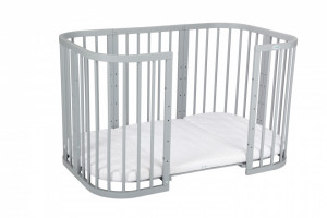 Waldin - Patut Rotund Evolutiv 7in1 Gri, Saltele Incluse, Transformabil, Masa de Schimbat, Co-Sleeping, Tarc de Joaca, Birou, Scaune