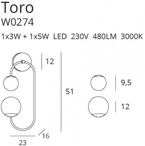 Aplica perete Toro Maxlight Auriu -W0274  Culoare: Auriu  Dimensiuni: Lungime 23cm, Latime 16cm, Inaltime 51cm  Material structura: Metal  Material abajur: Sticla  Becuri: 1 x 3W LED + 1 x 5W LED