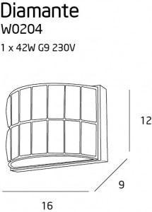Aplica perete Diamante Maxlight Argintiu -W0204  Culoare: Argintiu  Dimensiuni: Lungime 16, Latime 9cm, Inaltime 12cm  Material structura: Metal, Sticla  Becuri: 1 x 42W G9 230V - nu este inclus