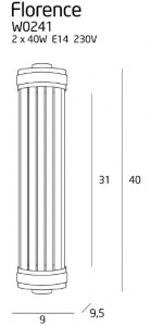 Aplica perete Florence Maxlight Argintiu -W0241  Culoare: Argintiu  Dimensiuni: Lungime 9.5cm, Latime 9cm, Inaltime 40cm   Material structura: Metal  Material abajur: Sticla  Becuri: 2 x 40W E14 230V - nu sunt incluse