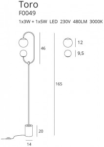 Lampadar Toro Maxlight Auriu -F0049  Culoare: Auriu  Dimensiuni: Lungime 23cm, Latime 15cm, Inaltime 165cm  Material structura: Metal  Material abajur: Sticla  Becuri: 1 x 3W LED + 1 x 5W LED 230V, 480 LM