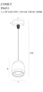 Pendul Comet Round Maxlight Negru -P0433  Culoare: Negru   Dimensiuni: Diametru 7cm, Inaltime 150cm (max)  Material: Metal  Becuri: 1 x 5W LED 230V, 430 LM, CRI 80, 3000K
